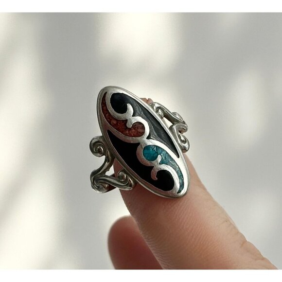 Zuni Sterling Silver Navajo Genuine Turquoise, Onyx & Coral Inlay Oval Ring - 9 - Picture 10 of 10